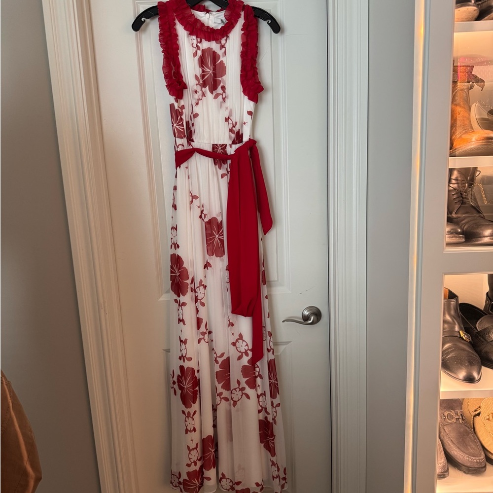 Badgley Mischka Red and White Floral Maxi Dress